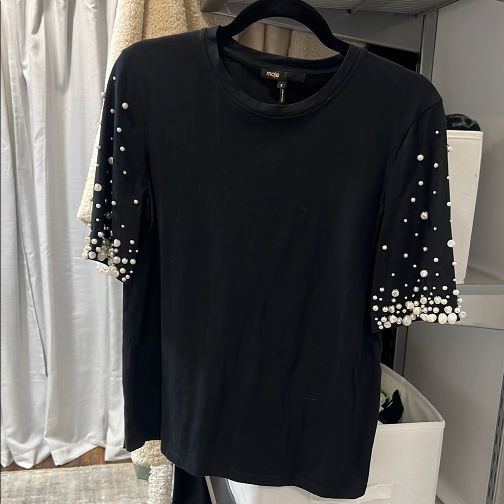 Maje Black Blouse Pearl Embellished Women's Top